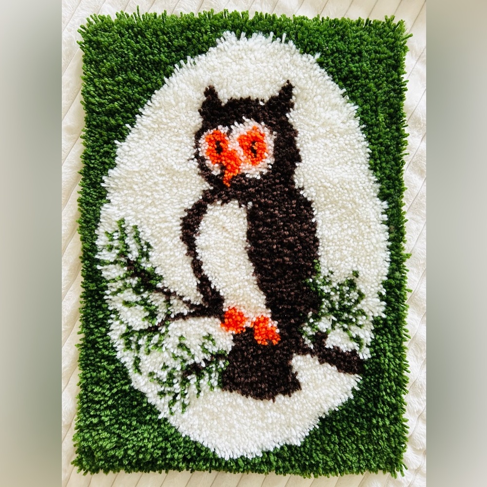 VINTAGE 70s Owl Latch Hook Rug Wall Hanging